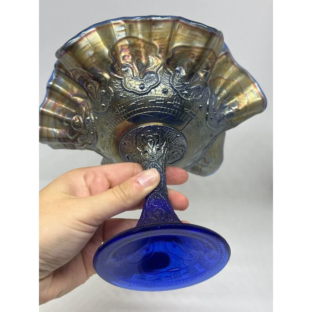 VTG‎ Fenton Persian Medallion Carnival Glass Compote Iridescent Pedestal Dish 6